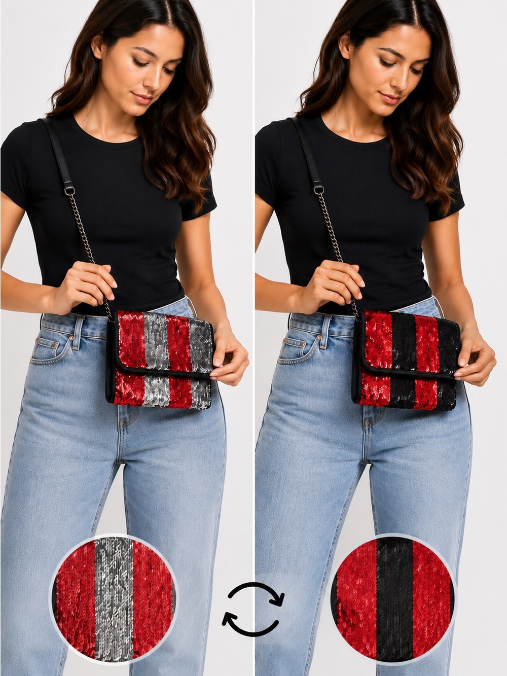 Zara Reversible Sequin Crossbody Bag Red Black Silver Chain Strap